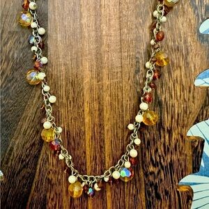 Pearl, red amber, iridescent beaded necklace.